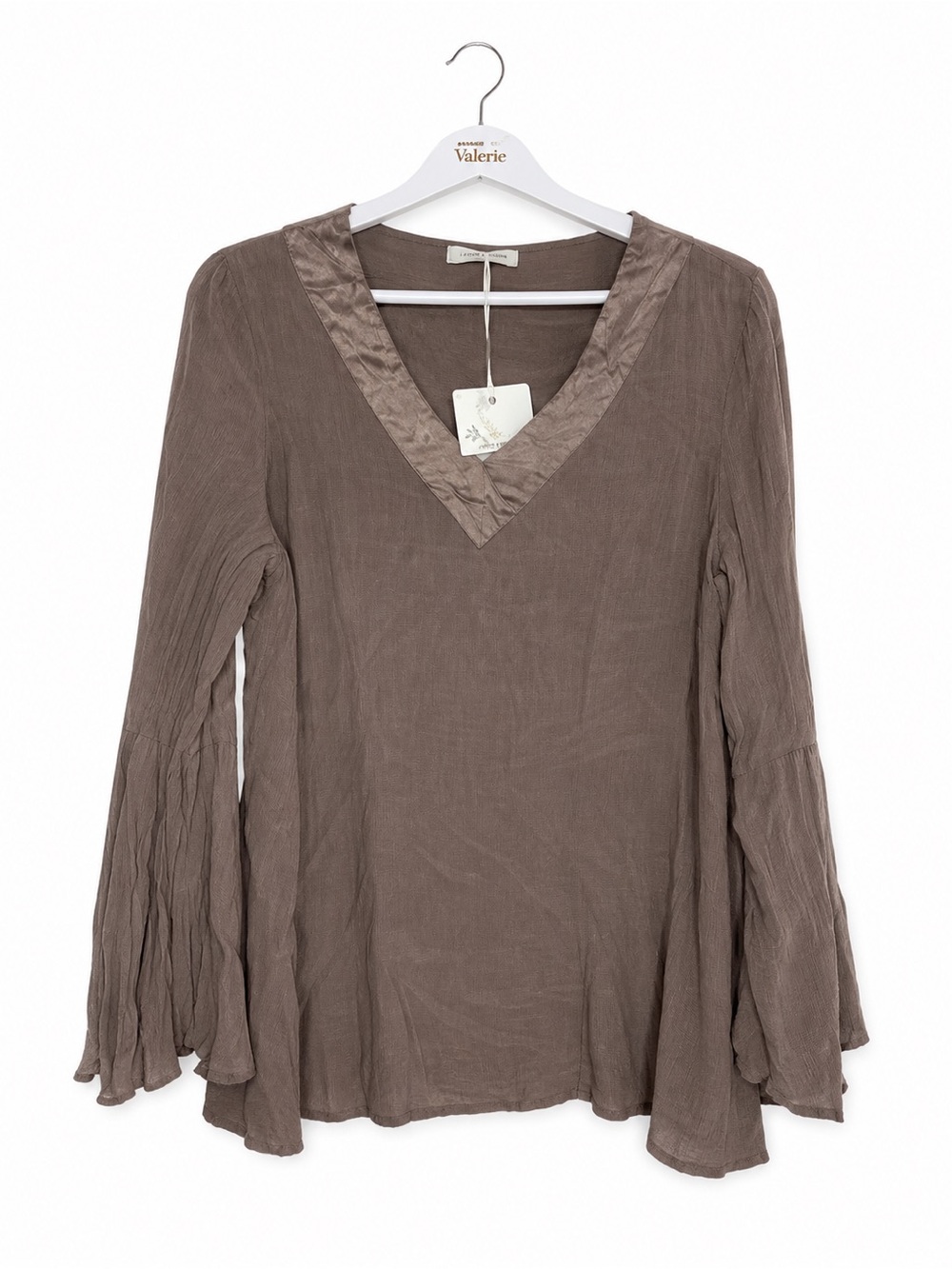 Cobblestone Living Taupe Brown Viscose Bell Sleeve Blouse Top Made In Italy